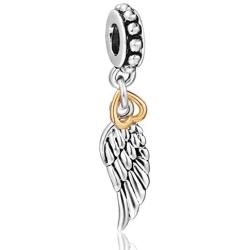 EVESCITY Silver Guardian Angel Wing w/Heart Bead Sterling Charm Fits Pandora & Similar Bracelets