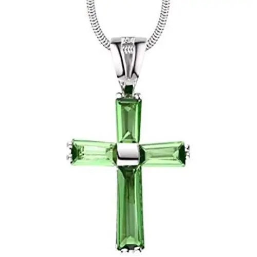 P0157 Cross Mt St Helens Green Helenite May Birthstone Sterling Silver Pendant
