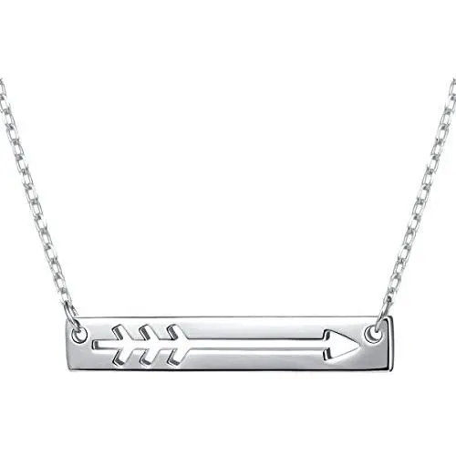 925 Sterling Silver Love Arrow Horizontal Sideways Minimalist Bar Pendant Necklace for Women Teen Girls Gift, 18 inch + 2 inch