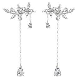 SLUYNZ 925 Sterling Silver Leaves Wrap Earrings Cuff for Women Teens Sparkling CZ Crystals Crawler Earrings Dangling Chain