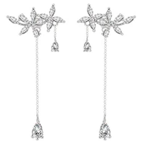 SLUYNZ 925 Sterling Silver Leaves Wrap Earrings Cuff for Women Teens Sparkling CZ Crystals Crawler Earrings Dangling Chain