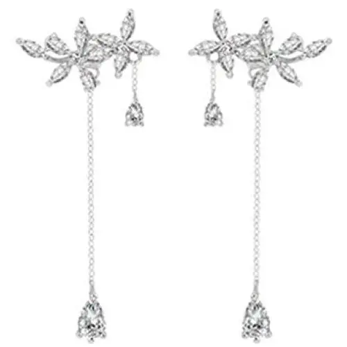 SLUYNZ 925 Sterling Silver Leaves Wrap Earrings Cuff for Women Teens Sparkling CZ Crystals Crawler Earrings Dangling Chain