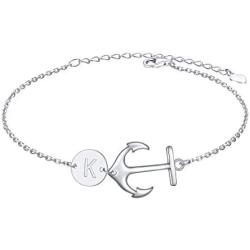 925 Sterling Silver Adjustable Nautical Anchor Bracelet with a Initial, Jewelry for Women Teen Girls