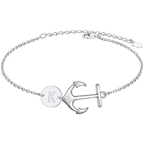 925 Sterling Silver Adjustable Nautical Anchor Bracelet with a Initial, Jewelry for Women Teen Girls