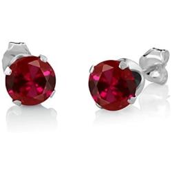 Gem Stone King 925 Sterling Silver Created Ruby Pendant and Earrings Set For Women, 2.40 Ct Round Cut With 18 Inch Silver Chain