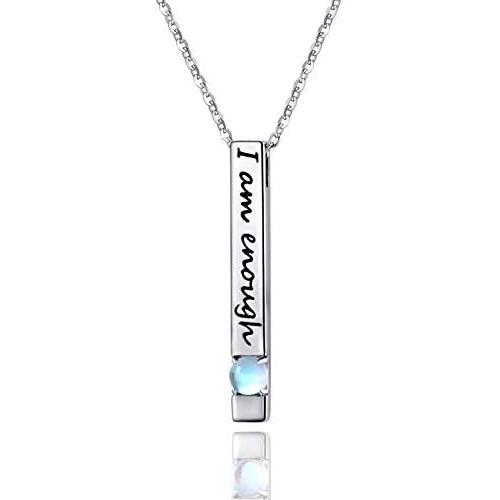 Moonstone Necklace I Am Enough Necklace 925 Sterling Silver Vertical Bar Necklace Inspirational Jewelry Gifts for Women Men