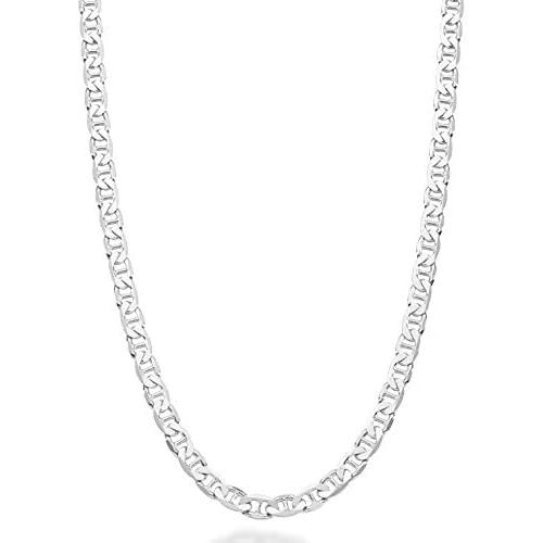 Miabella Solid 925 Sterling Silver Italian 3mm, 4mm, 6mm, 7mm Diamond-Cut Solid Flat Mariner Link Chain Necklace for Women Men, 16-30 Inch Made in Italy
