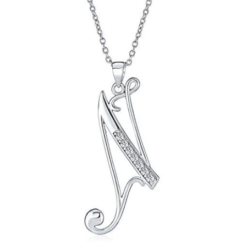 Abc Cubic Zirconia Pave CZ Cursive Script Letter Alphabet Initial Pendant Necklace For Teen Women 925 Sterling Silver