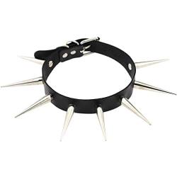 FM FM42 Unisex Simulated Leather PU Punk Rock Gothic Black-Tone/Silver-Tone Very Long 5.5cm(2.16'') Spikes Rivets Choker Collar Necklace (16 Colors)