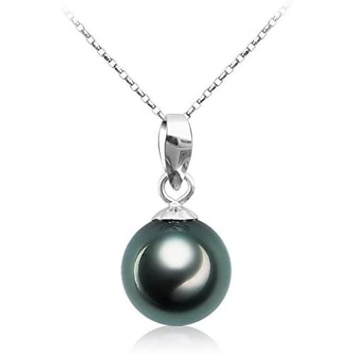 VIKI LYNN Tahitian Cultured Black Pearl Pendant Necklace 9-10mm Round Sterling Silver Jewelry for Women