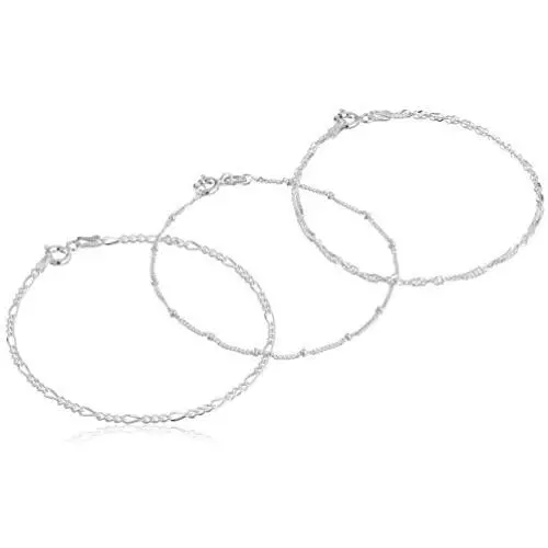 .925 Sterling Silver Figaro, Bead Station and Singapore Chain Bracelet Set size 7 .925 Sterling Silver Figaro, Bead Station and Singapore Chain Bracelet Set size 7
