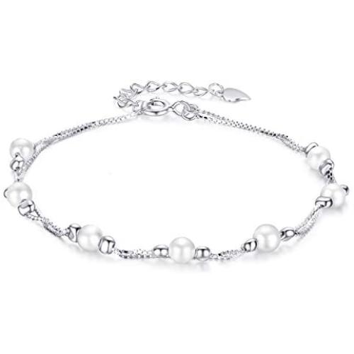BlingGem Bracelet for Girls 925 Sterling Silver Cross Beads Bracelet Silver Balls Layer Chain Boho Beach Dainty Heart Charm Bracelet Gift for Women Summer