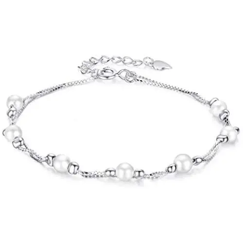 BlingGem Bracelet for Girls 925 Sterling Silver Cross Beads Bracelet Silver Balls Layer Chain Boho Beach Dainty Heart Charm Bracelet Gift for Women Summer
