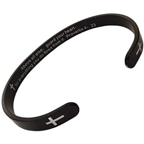 RENYILIN Black Religious Prayer Bracelet Christian Cross Cuff Baptism Faith Biblical Scripture Inspired Cuff Jewelry