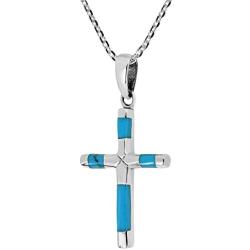 AeraVida Elegant X Cross Simulated Turquoise Inlay .925 Sterling Silver Pendant Necklace