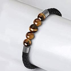 Mens Leather Bracelet with Tigers Eye Gemstone Stainless Steel Leather Braided Bracelet with Magnetic Clasp