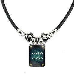 Punk 12 Constellations Square Tag Pendant Necklace for Men Leather Chain Necklace Jewelry Birthday Gifts