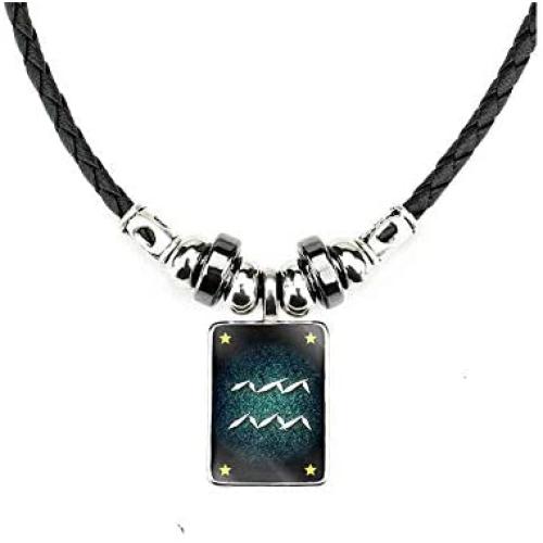 Punk 12 Constellations Square Tag Pendant Necklace for Men Leather Chain Necklace Jewelry Birthday Gifts