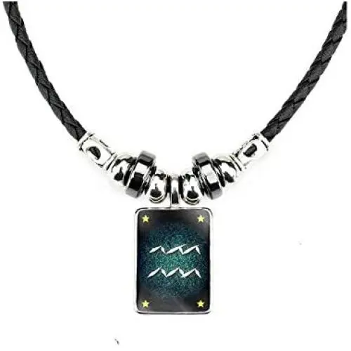 Punk 12 Constellations Square Tag Pendant Necklace for Men Leather Chain Necklace Jewelry Birthday Gifts Punk 12 Constellations Square Tag Pendant Necklace for Men Leather Chain Necklace Jewelry Birthday Gifts