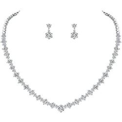 WeimanJewelry White Gold/Gold/Rose Gold Plated Women Cubic Zirconia Round Cut CZ Bridal Necklace and Drop Earring Set for Bride Wedding