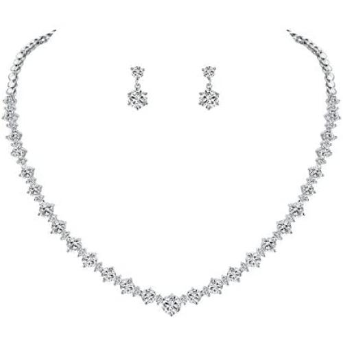 WeimanJewelry White Gold/Gold/Rose Gold Plated Women Cubic Zirconia Round Cut CZ Bridal Necklace and Drop Earring Set for Bride Wedding