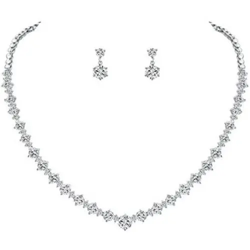WeimanJewelry White Gold/Gold/Rose Gold Plated Women Cubic Zirconia Round Cut CZ Bridal Necklace and Drop Earring Set for Bride Wedding