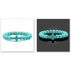 Hynsin 8 mm Prayer Beads Natural Stone Green Blue Turquoises Bracelets for Women Jesus Cross Charms Elasticity Yoga Bracelet Men Jewelry