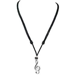 BlueRica Treble G Clef Pendant on Adjustable Black Rope Cord Necklace (Chrome Finish)