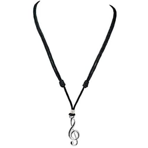BlueRica Treble G Clef Pendant on Adjustable Black Rope Cord Necklace (Chrome Finish)