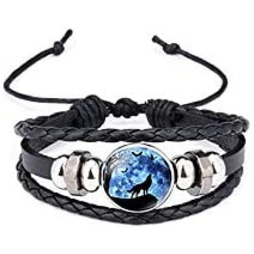 Fuqimanman2020 Wolf Braided Leather Adjustable Bracelet Blue/Brown