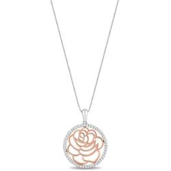 Jewelili Enchanted Disney Fine Jewelry Rose Gold Plated Over Sterling Silver 1/5 CTTW Belle Rose Pendant Necklace