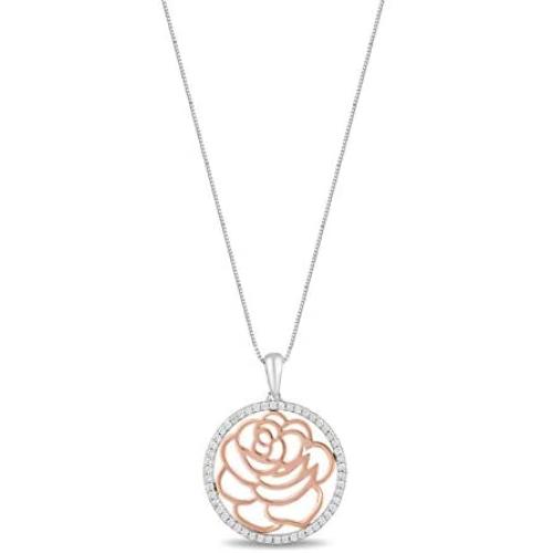 Jewelili Enchanted Disney Fine Jewelry Rose Gold Plated Over Sterling Silver 1/5 CTTW Belle Rose Pendant Necklace