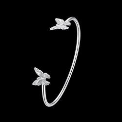 Greendou Fashion Jewelry 925 Sterling Silver Plated Double Butterflies Open Cuff Bangle Bracelet for Women and Girls