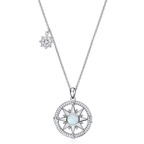 POPLYKE Sterling Silver Compass Pendant Necklace with Created Opal,Inspirational Necklace for Women Girls