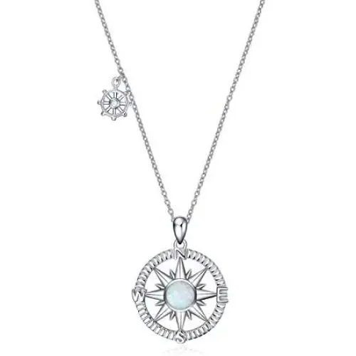 POPLYKE Sterling Silver Compass Pendant Necklace with Created Opal,Inspirational Necklace for Women Girls POPLYKE Sterling Silver Compass Pendant Necklace with Created Opal,Inspirational Necklace for Women Girls