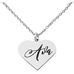 Name Necklace for Women and Girls. Silver Color Laser Engraved 1'' Heart Personalized Pendant. 20'' Adjustable Necklace. Perfect Present for Your Girlfriend. Best Gift idea for Your Daughter