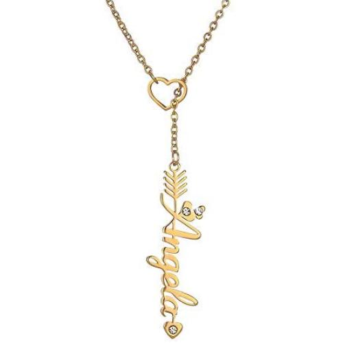 SENFAI Heart Shaped Arrow Y Necklace with Name 18 + 2 in Made of PVD Gold Plated Stainless Steel