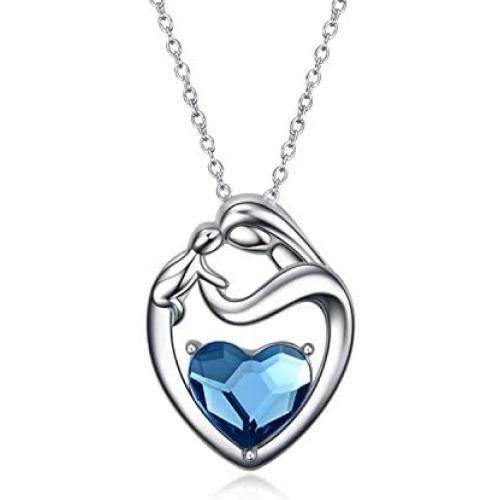 AOBOCO 925 Sterling Silver I Love You To The Moon and Back Heart Necklace with Austrian Crystals Mom Necklace for Mothers Birthday Jewelry Gifts