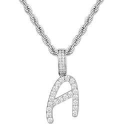 TRIPOD JEWELRY Iced Out Pendant Initial Letter Pendant Necklace for Women, White Gold Plated Custom Pendant with Rope Chain A To Z