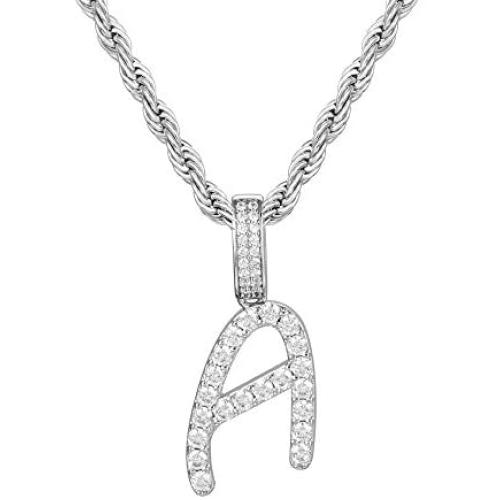 TRIPOD JEWELRY Iced Out Pendant Initial Letter Pendant Necklace for Women, White Gold Plated Custom Pendant with Rope Chain A To Z