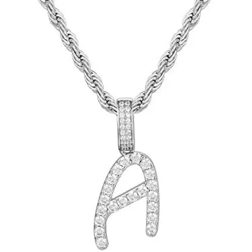TRIPOD JEWELRY Iced Out Pendant Initial Letter Pendant Necklace for Women, White Gold Plated Custom Pendant with Rope Chain A To Z TRIPOD JEWELRY Iced Out Pendant Initial Letter Pendant Necklace for Women, White Gold Plated Custom Pendant with Rope Chain A To Z