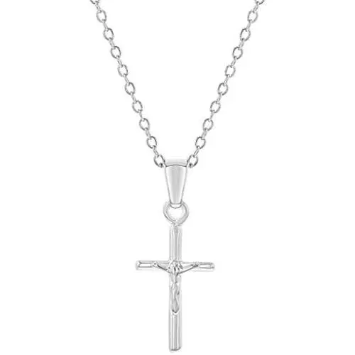 925 Sterling Silver Small Cross Crucifix Jesus Christ Pendant Necklace Kids 16''