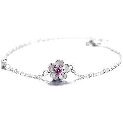 HYLJ Sterling Silver Plated CZ Pink Crystal Cherry Blossoms Flower Women Adjustable Link Bracelet
