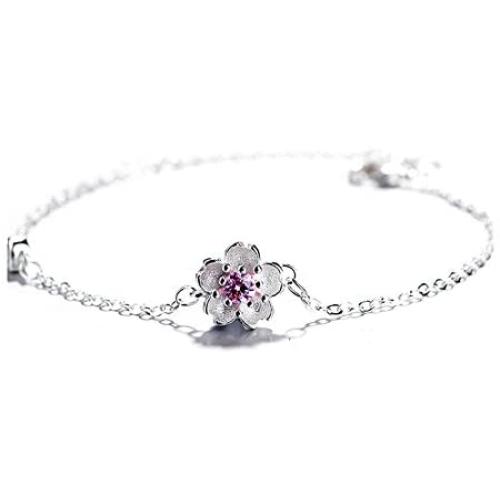 HYLJ Sterling Silver Plated CZ Pink Crystal Cherry Blossoms Flower Women Adjustable Link Bracelet