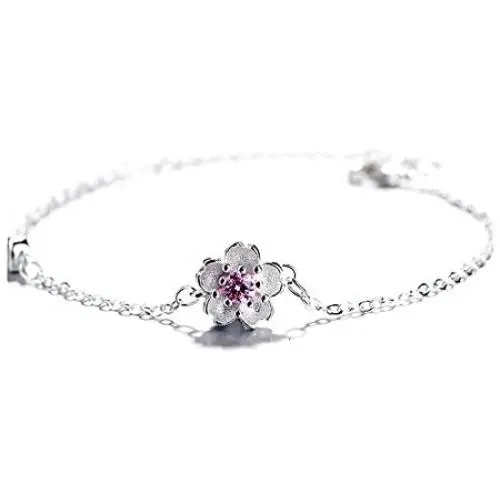 HYLJ Sterling Silver Plated CZ Pink Crystal Cherry Blossoms Flower Women Adjustable Link Bracelet