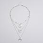 Moon World Map Pendant Necklace Boho Lariat Circle Multilayer Crescent Necklace Chain Jewelry for Women Girls (Silver)