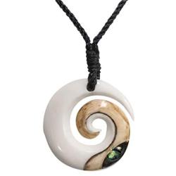 81stgeneration Womens Mens Hand Carved Bone Maori Koru Spiral Swirl Paua Shell Pendant Necklace