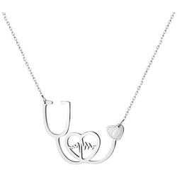 Joycuff Nurse Necklaces for Women Doctor Medical Stethoscope Heartbeat Love You Stainless Steel Silver Pendant Personalized Initial Letter Gifts for Daughter Girlfriend Sister