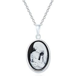 Delicate Petite Victorian Vintage Antique Style Black White Craved Mother and Child Loving Cameo Pendant Son Daughter Necklace For Women 925 Sterling Silver