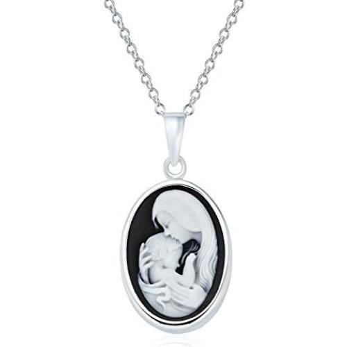Delicate Petite Victorian Vintage Antique Style Black White Craved Mother and Child Loving Cameo Pendant Son Daughter Necklace For Women 925 Sterling Silver
